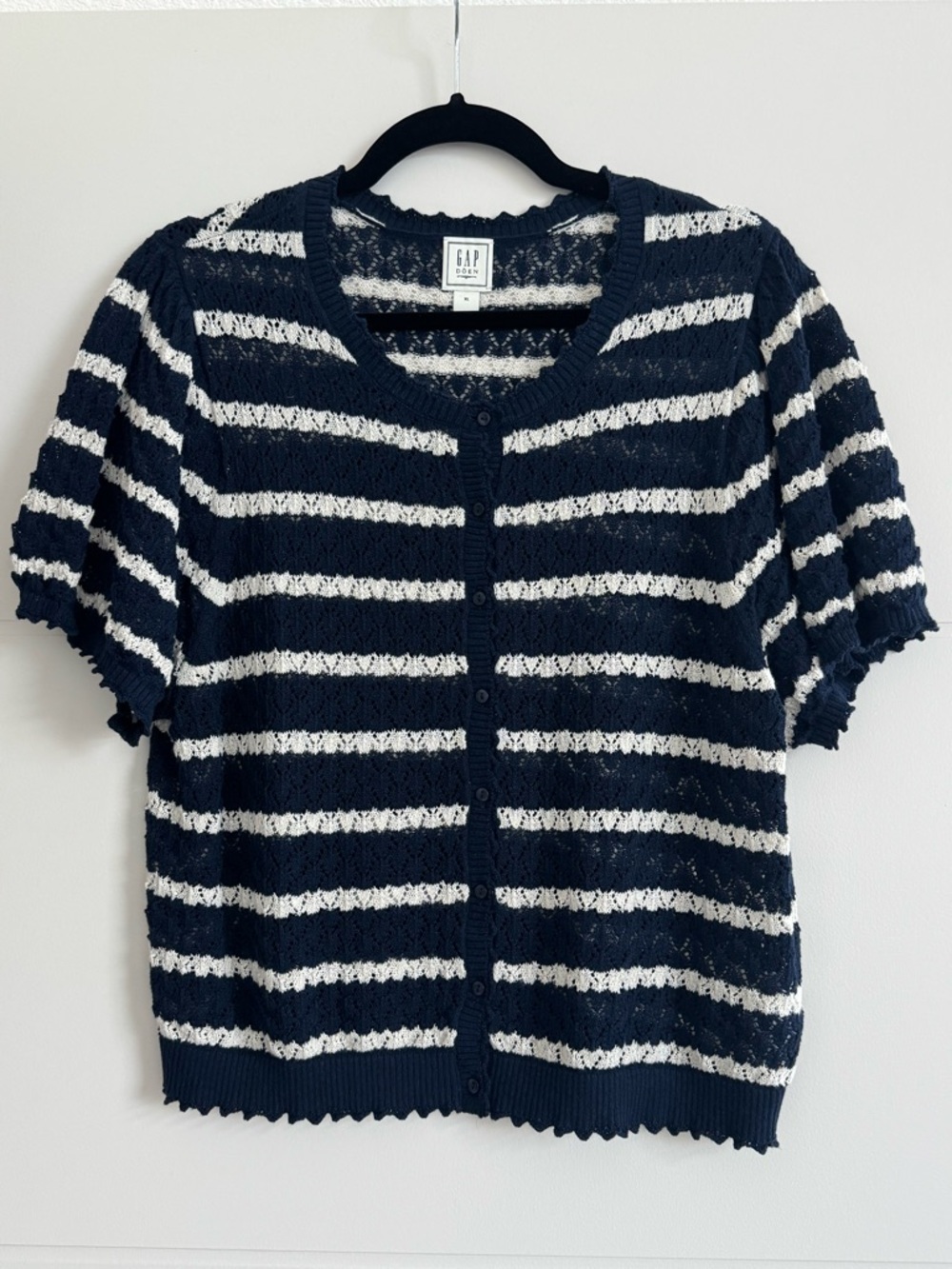 GAP × DÔEN Linen-Blend Pointelle Navy Striped Cardigan